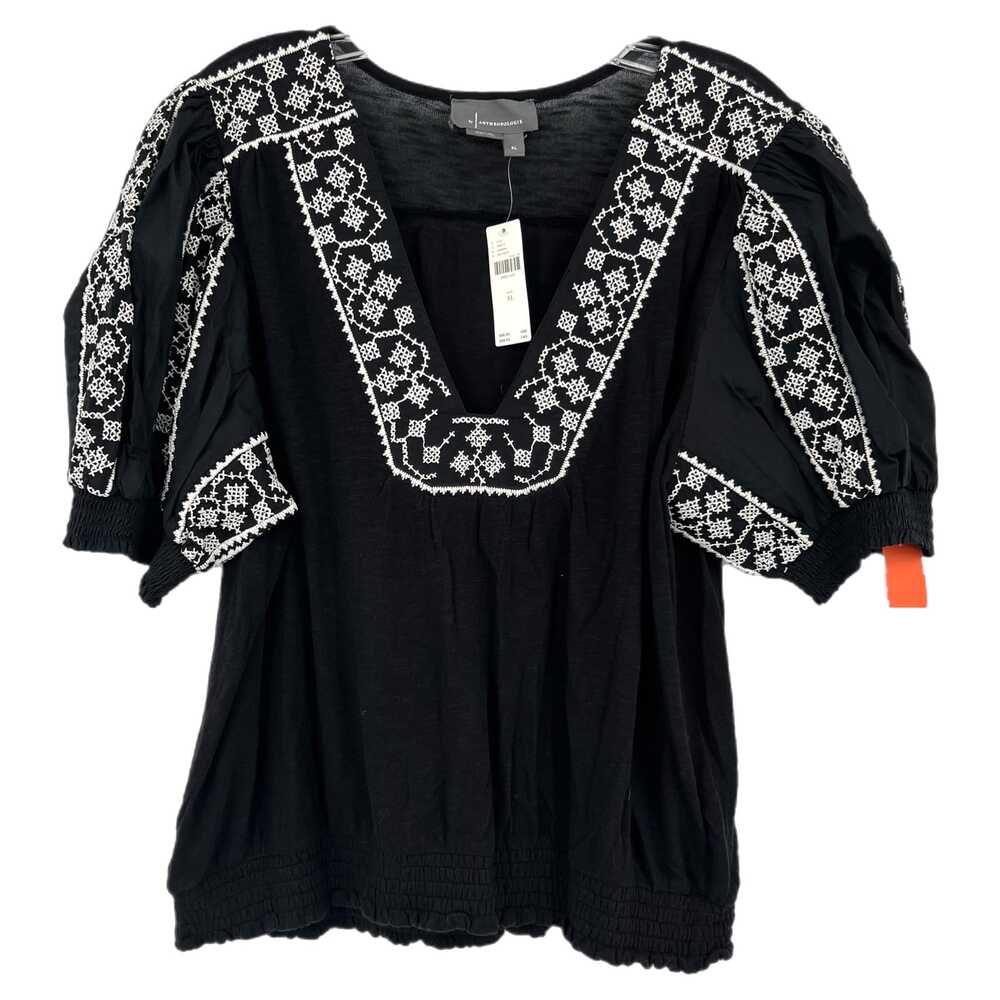 Anthropologie Black  V-Neck Blouse With White Print | Women's XL
